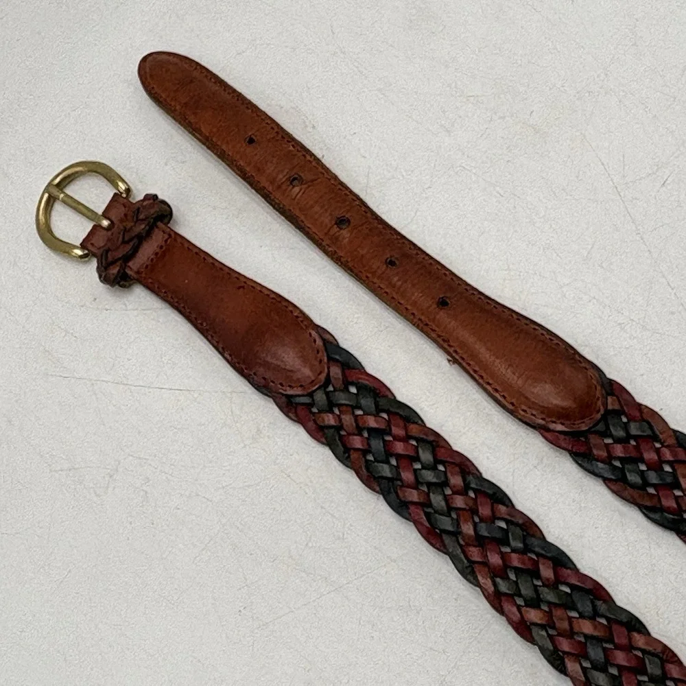 VTG Italian Full Grain Leather Braided Belt Sz 38 Made Turkey Tri-Color